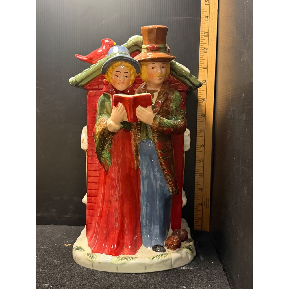 Vintage Christmas Carolers Ceramic Cookie Jar Victorian Holiday Decor Red Brick
